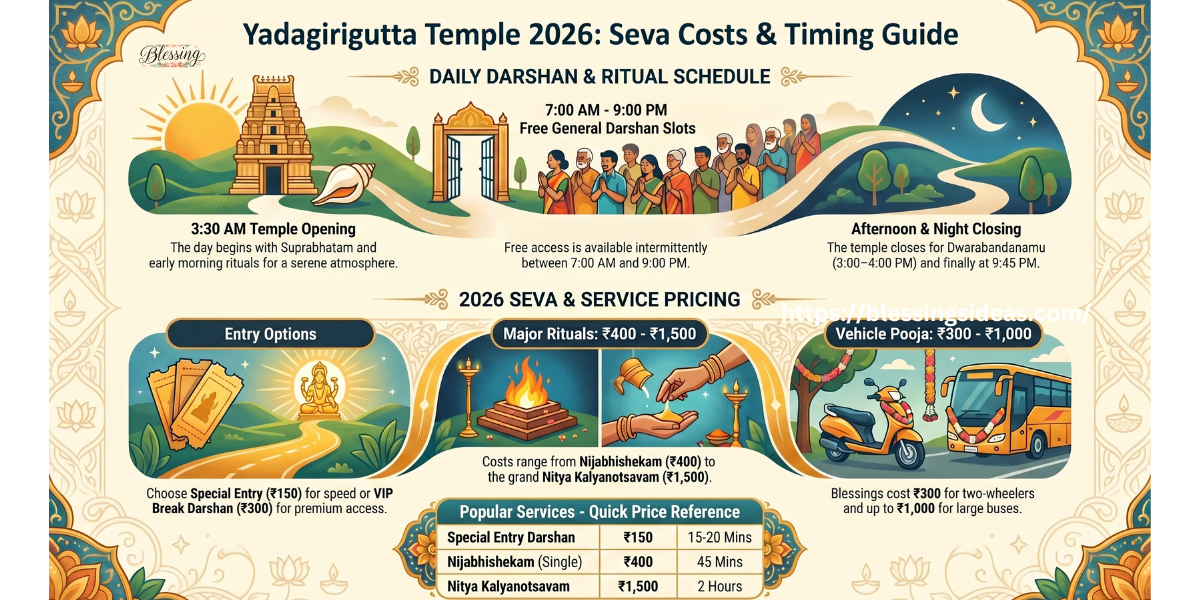 Yadagirigutta Sri Lakshmi Narasimha Swamy Temple: Seva Costs & Timings 2026