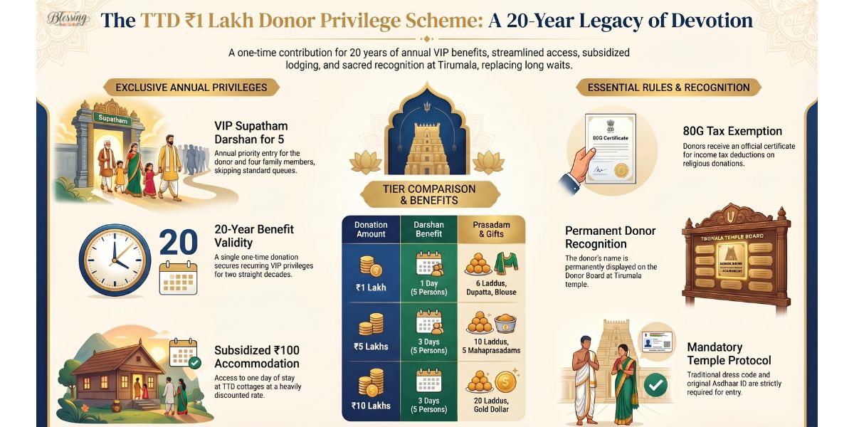TTD ₹1 Lakh Donation Benefits 2026: VIP Darshan, Free Accommodation & Prasadam Guide