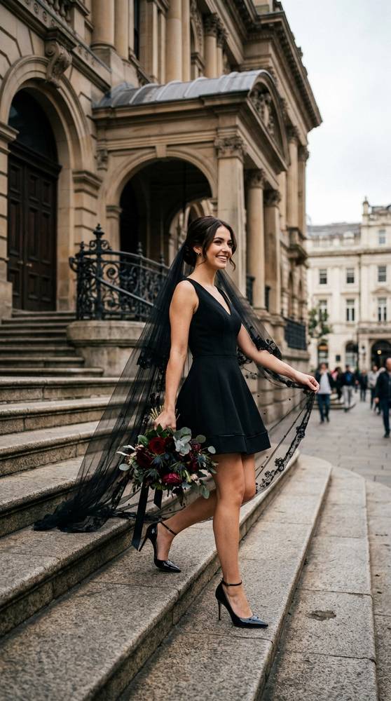 A bride in a black tailored mini wedding dress with pointed heels on city hall steps, dramatic contrast