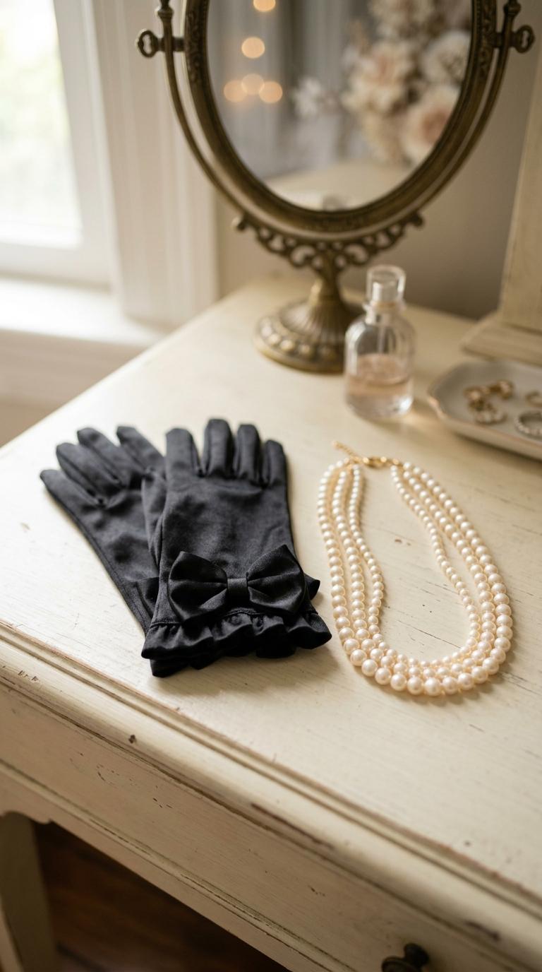 short black bridal gloves with a satin bow, arranged beside a pearl necklace on a vanity, soft focused lighting.