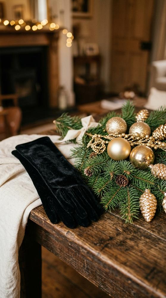 black velvet bridal gloves beside pine branches and gold ornaments on a dark wooden table, warm cozy lighting.