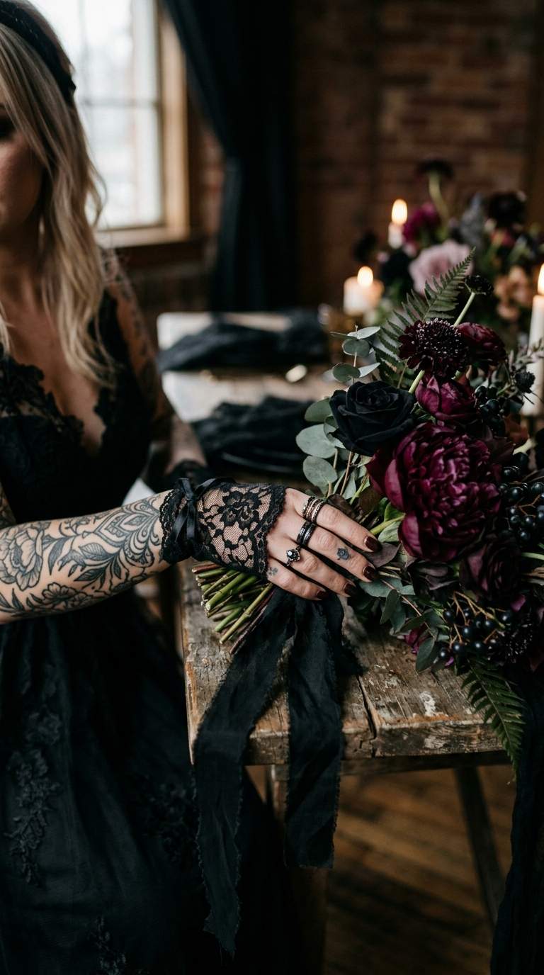 fingerless black lace bridal gloves beside a tattooed hand with rings and dark peonies, edgy soft lighting.