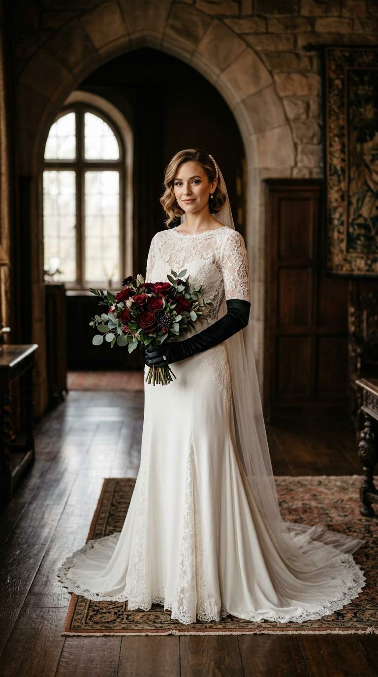 a bride in a white gown wearing long black gloves, holding a bouquet of dark red roses, full-length portrait.
