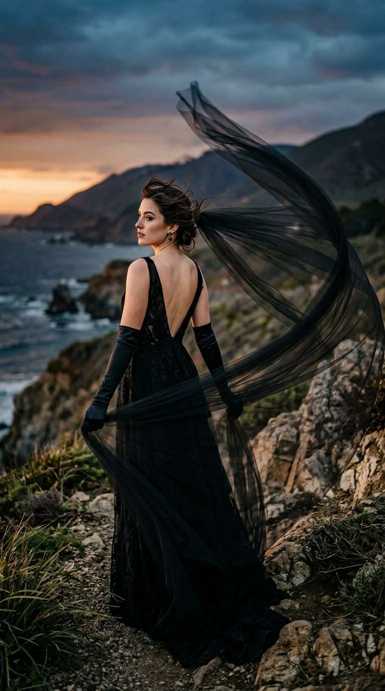 long black bridal gloves with a dramatic black tulle cape veil flowing behind, windswept portrait at dusk.
