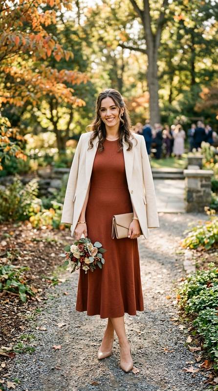 Female wedding guest in a rust knit midi dress with a tailored cream blazer draped over her shoulders, nude heels, standing