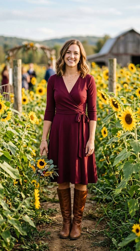 Stylish wedding guest wearing a burgundy wrap dress with three-quarter sleeves, a delicate gold necklace, and brown knee-high