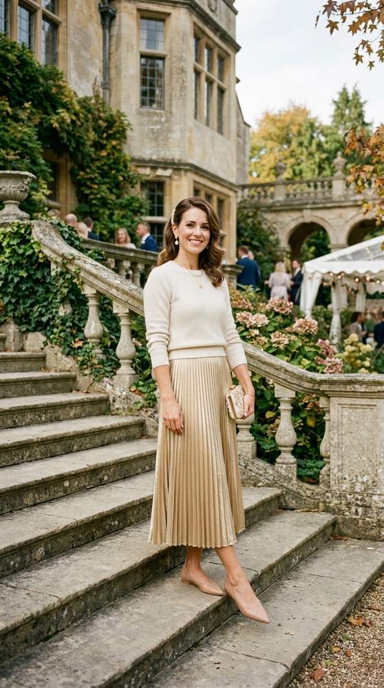 Female guest in a cream sweater set with a pleated gold midi skirt, pearl earrings, and nude flats, posing on the steps of a