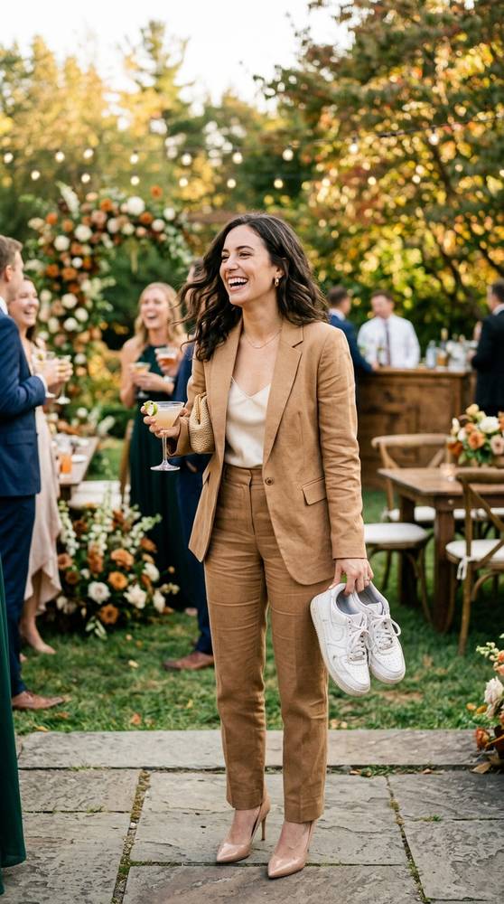 Wedding guest wearing a camel linen suit with a silk camisole underneath, white sneakers swapped for nude heels in hand