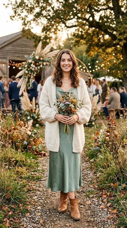 Elegant guest in a sage green slip dress layered with an oversized cream cardigan, tan ankle boots, holding a small bouquet