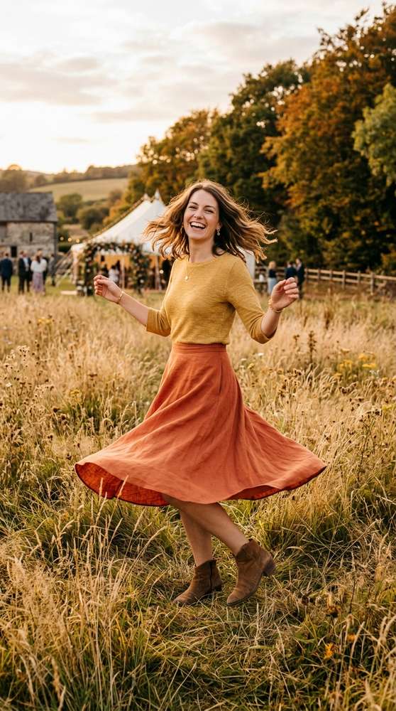 Female wedding guest in a terracotta midi skirt with a lightweight mustard knit top, brown suede ankle boots, twirling in a
