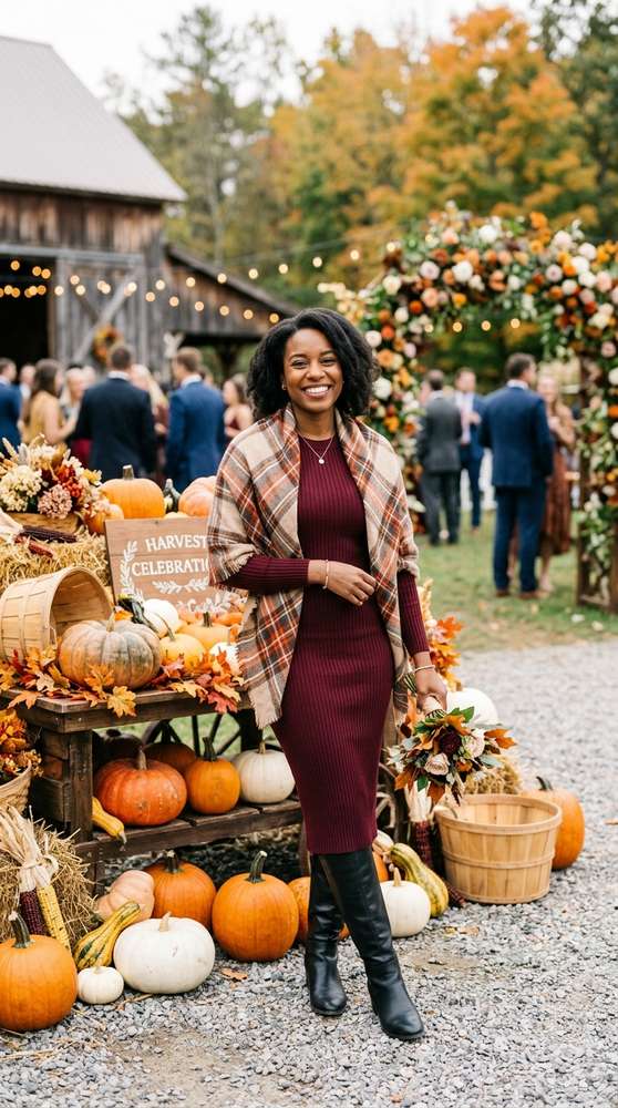 Female guest in a ribbed burgundy midi dress with long sleeves, a plaid blanket scarf, and black knee-high boots, smiling