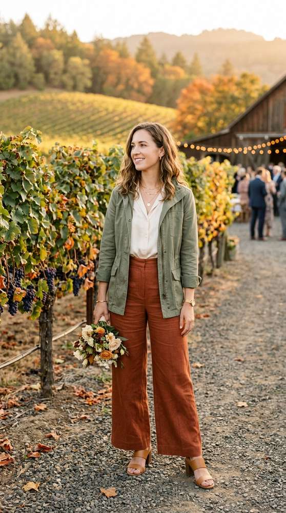 Stylish guest wearing wide-leg rust trousers, a cream silk shirt, and a lightweight olive field jacket, standing in golden