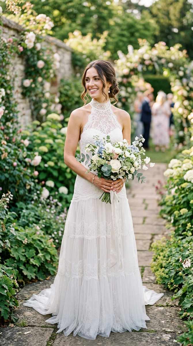 a bride in a halter high neck drop waist wedding dress, showing elegant shoulders, garden wedding portrait, photographed with