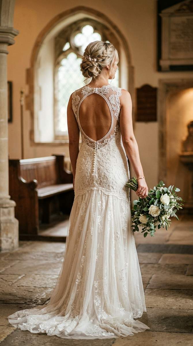 a bride from behind showing a keyhole opening below a high neckline on a drop waist gown, intriguing bridal detail, photograp