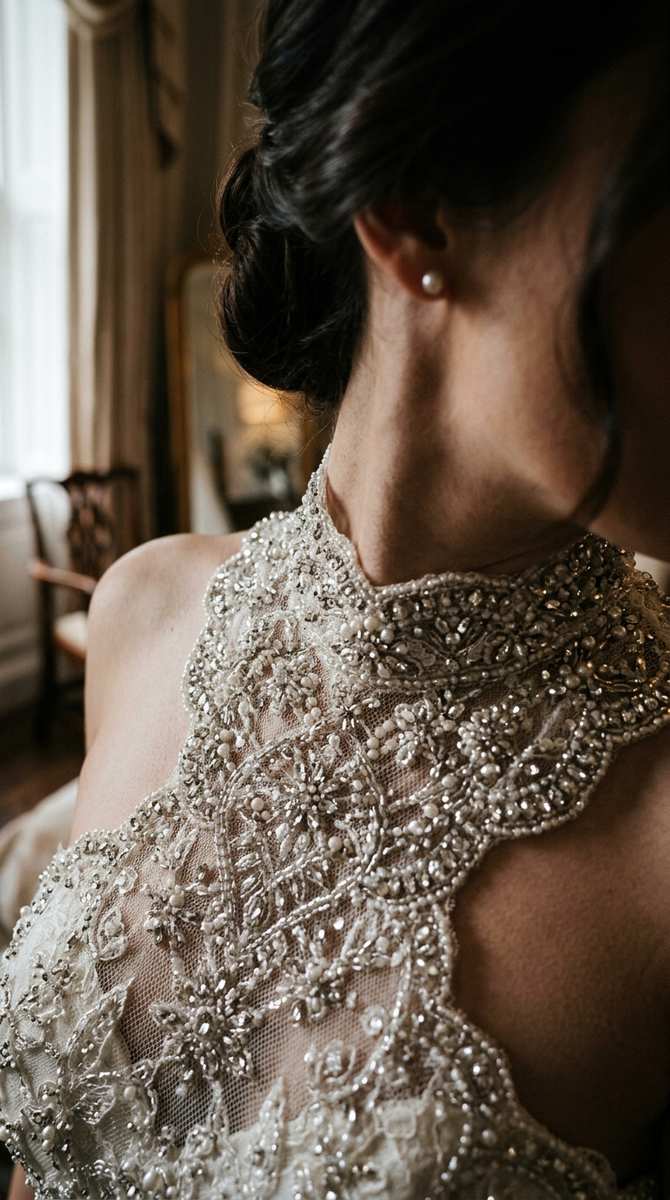 Portrait-orientation detail photo of a beaded high neckline sparkling on a wedding dress, luxurious close-up bridal photograp