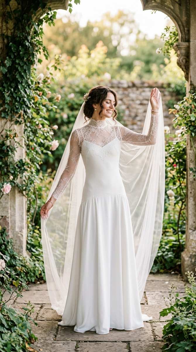 a bride in a high neck drop waist gown with sheer lace long sleeves, arms raised softly, ethereal bridal portrait, photograph