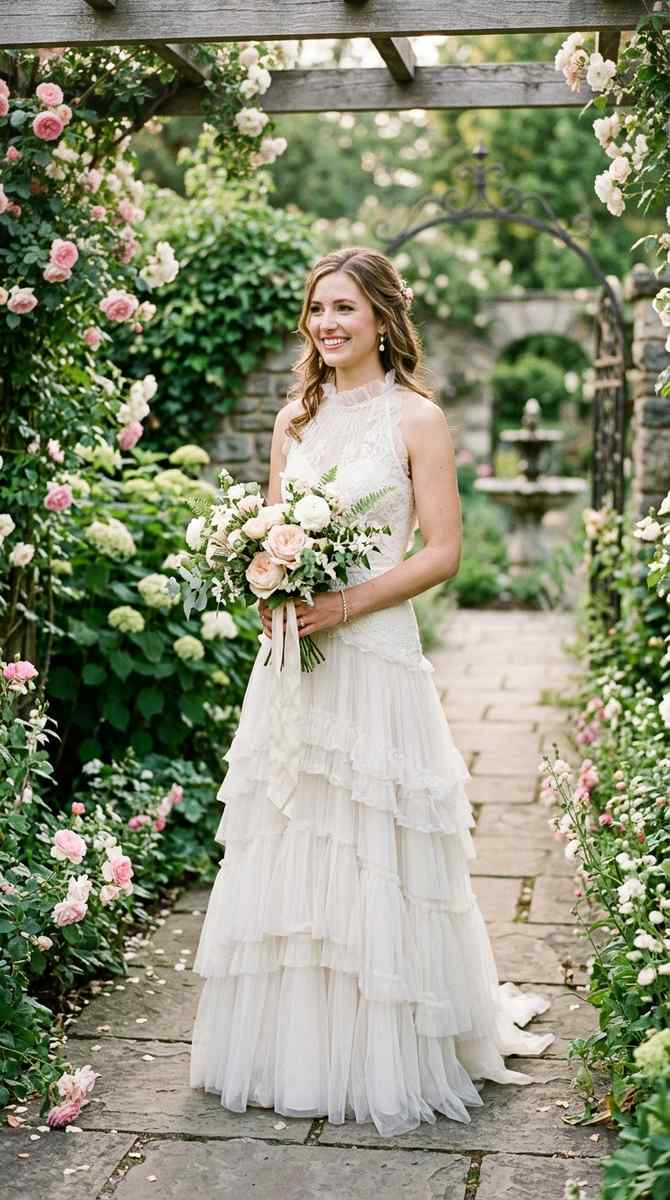 a bride in a drop waist gown with a soft ruffled high neckline, romantic and feminine, garden portrait, photographed with a h