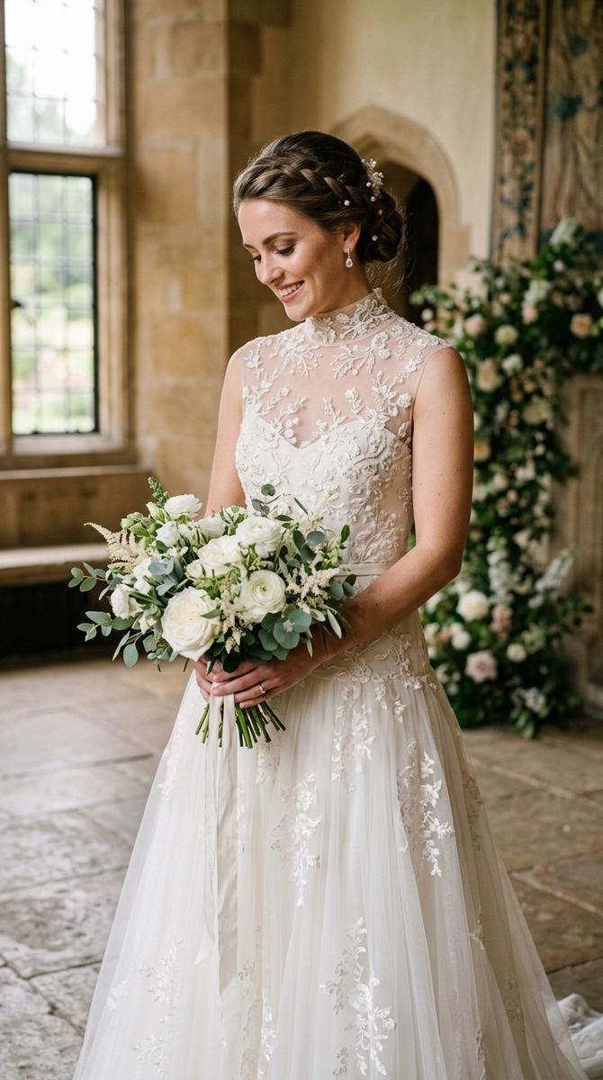a bride in a drop waist gown with an embroidered tulle high neckline featuring floral threadwork, artistic bridal detail, pho