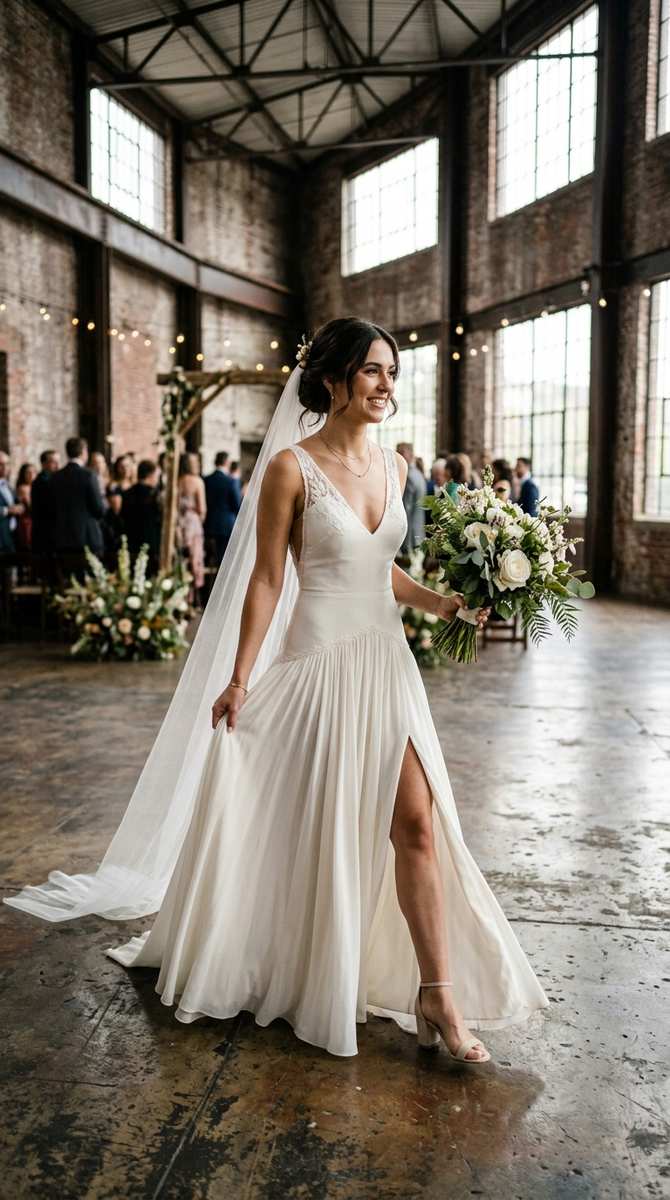 low drop waist wedding dress with a leg slit, bride mid-stride in an industrial venue, high-end camera, no text
