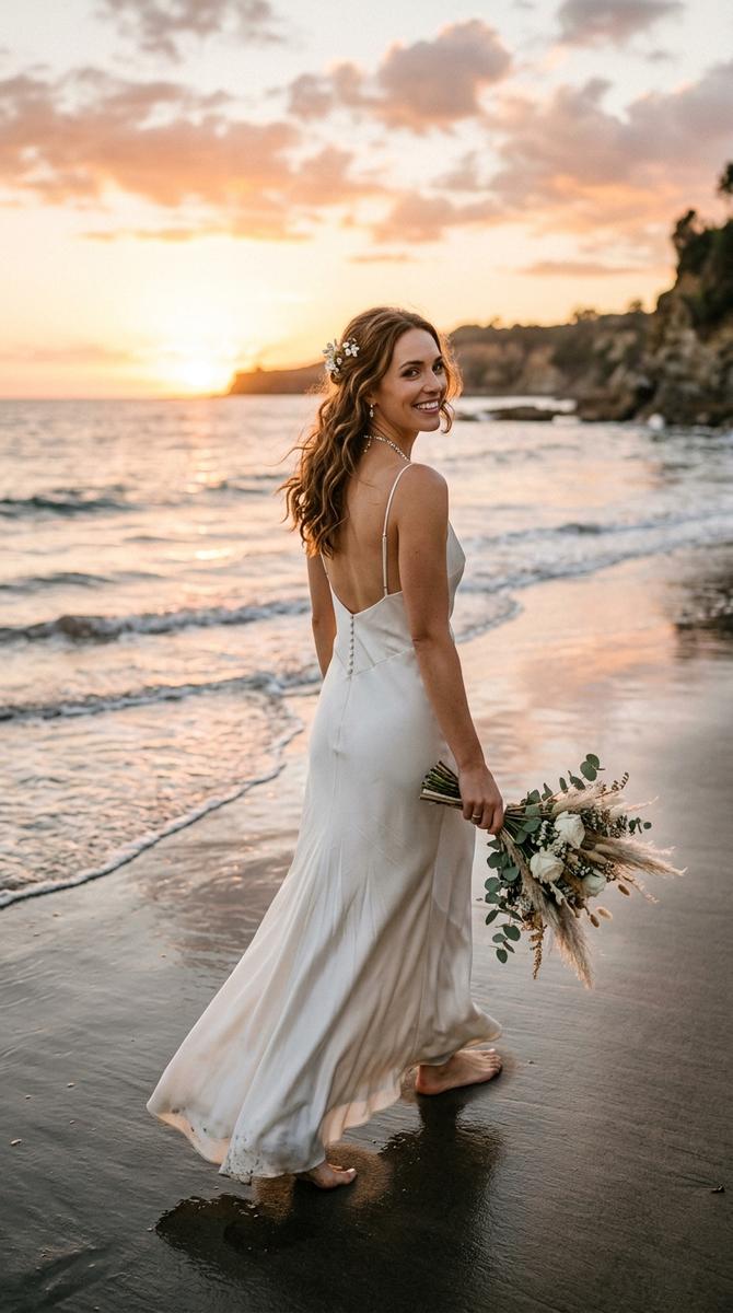 bias-cut slip style low drop waist wedding dress, bride on a beach at sunset, high-end camera, no text