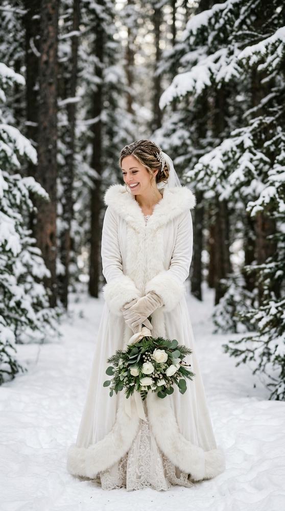 Bride wearing faux fur-trimmed white gloves with a long velvet winter coat, standing in snow.