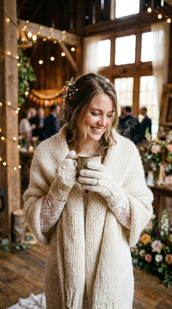 Bride in cable-knit ivory gloves holding a warm mug, chunky knit wrap over gown, rustic barn venue.