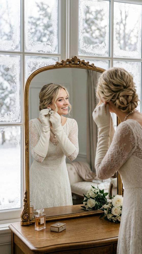 Bride in wool-blend elbow-length gloves adjusting her earring in a mirror, frost on the windows.