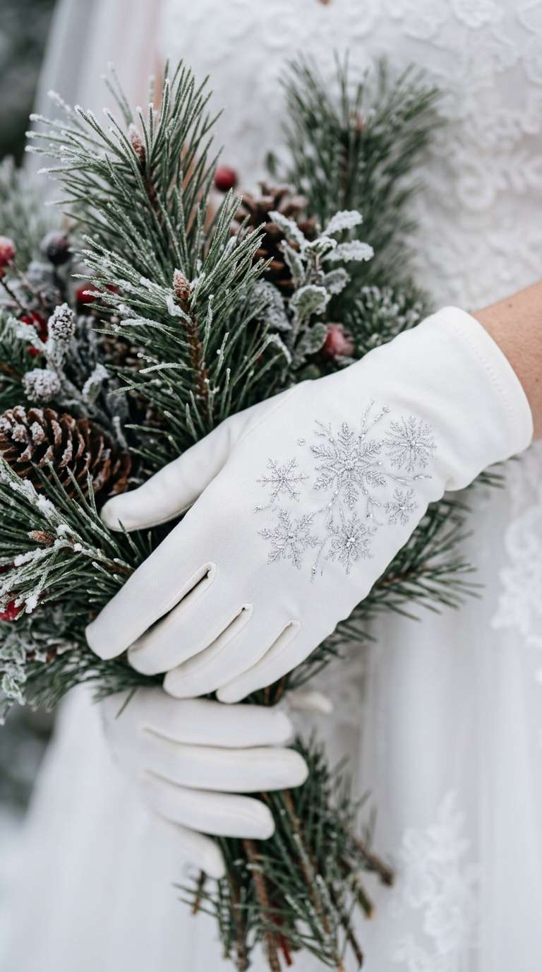 Close-up of white gloves with delicate silver snowflake embroidery on the back of the hand, pine branches.