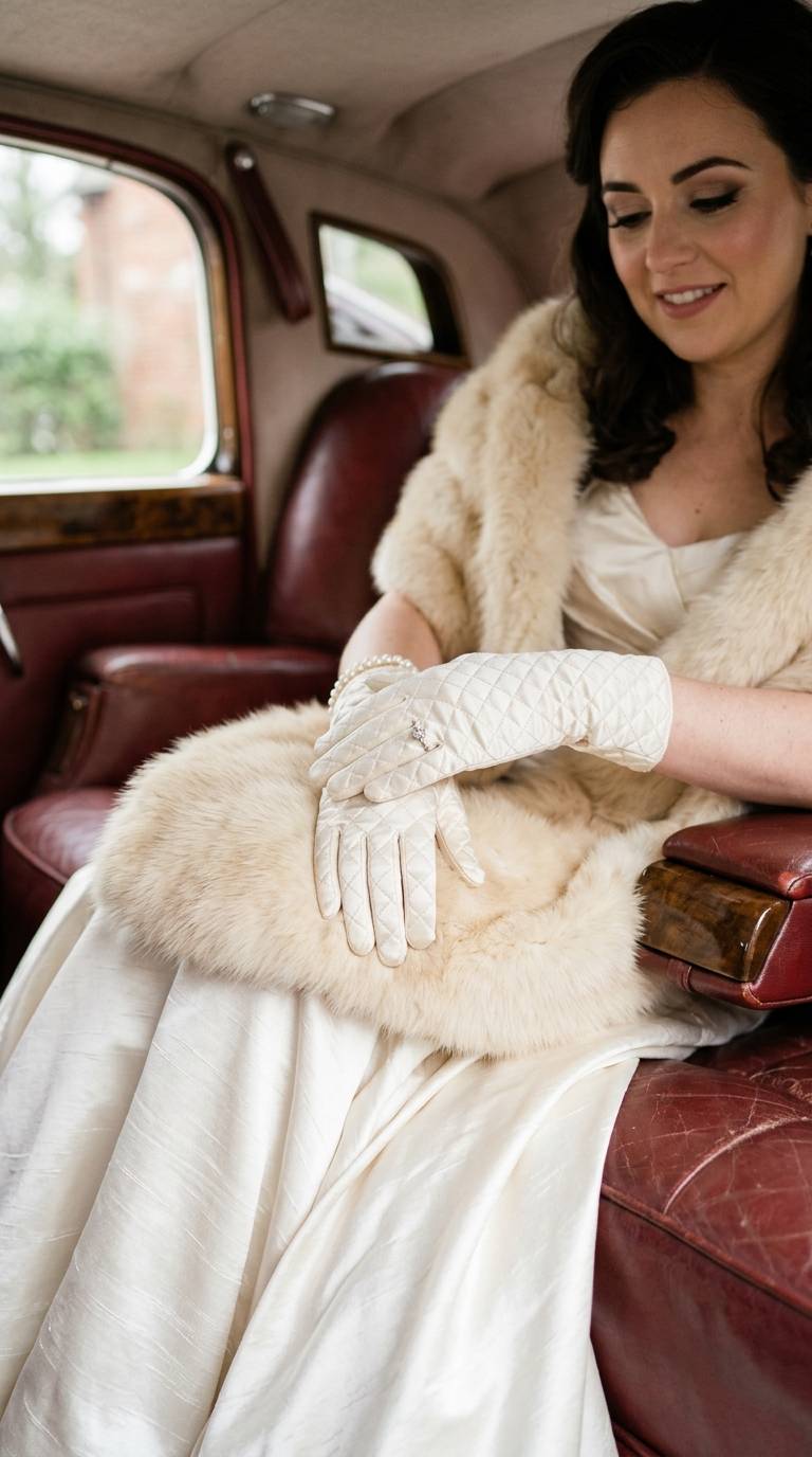 Bride wearing quilted ivory satin gloves, hands placed on a fur stole over her lap in a vintage car.
