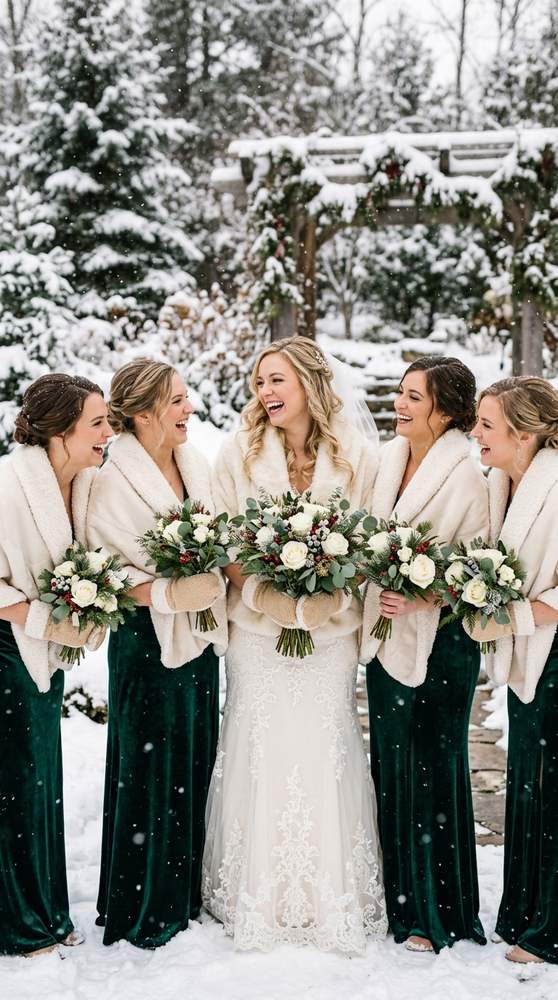 Bride in cream gloves with thick sherpa cuffs, laughing outdoors in falling snow with bridesmaids.