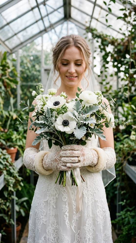 Bride in ivory lace gloves lined with thin fleece, hands wrapped around anemones and dusty miller.