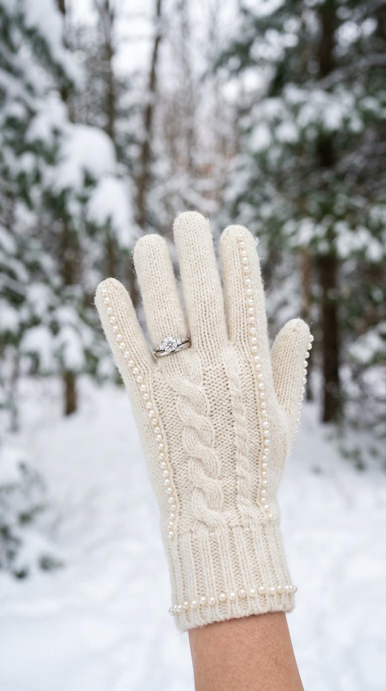 Close-up of ivory winter gloves with small pearls sewn along the fingers, engagement ring visible.