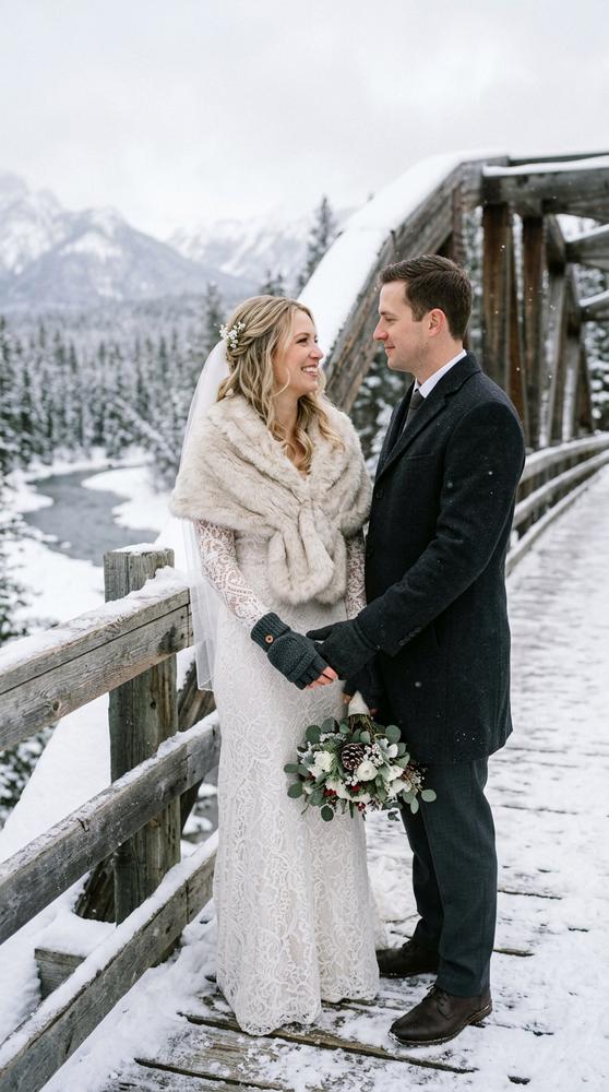 Bride wearing convertible fingerless winter gloves with fold-back mitten tops, holding hands in snow.