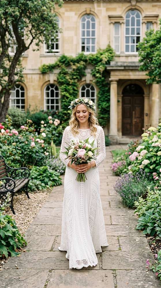 A bride in a white crochet wedding dress with a flower crown in a courthouse garden