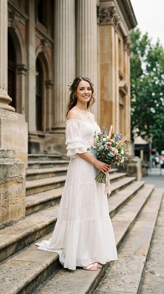 A bride in an ivory off-shoulder boho wedding dress with ruffled sleeves on courthouse steps