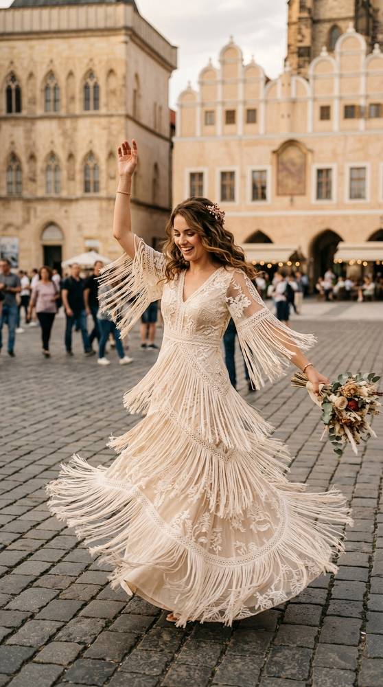 A bride in a champagne boho wedding dress with fringe details twirling in a city plaza