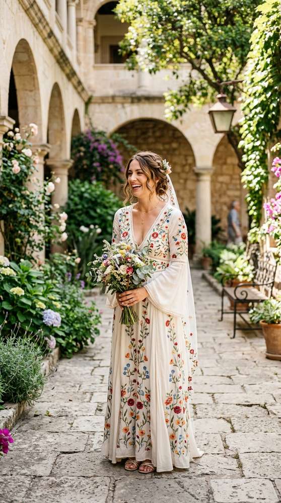 A bride in an ivory embroidered boho wedding dress with colorful floral stitching in a sunny courthouse courtyard