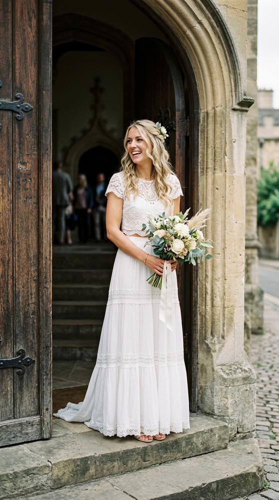 A bride in a white two-piece boho set with a lace crop top and flowing maxi skirt in a courthouse doorway