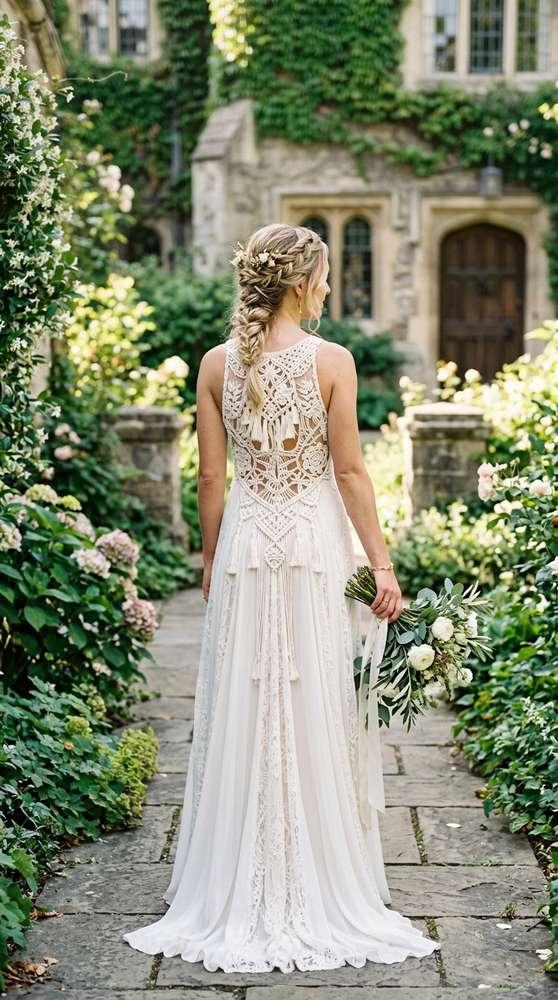 A bride in an ivory macrame-back boho wedding dress showing the detailed back in a courthouse garden