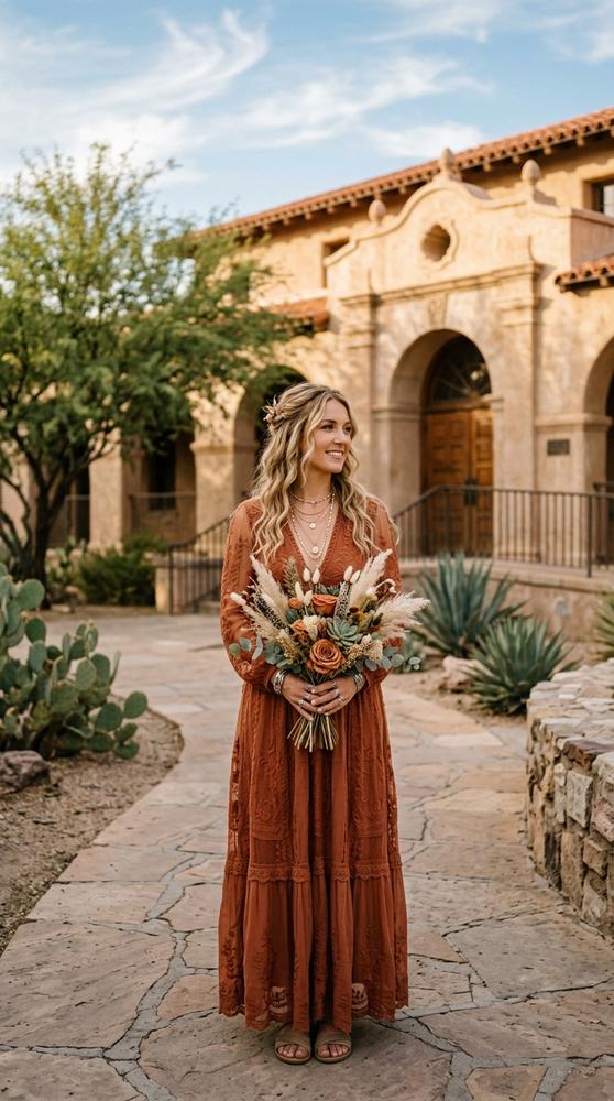 A bride in a rust-toned boho wedding dress with layered necklaces in an urban desert setting near the courthouse