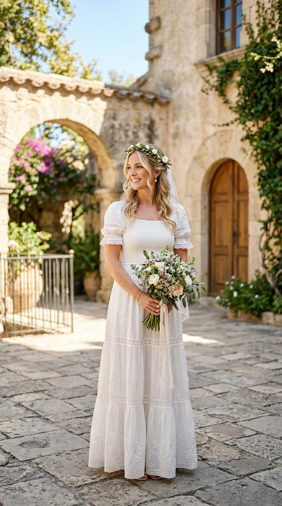 A bride in a white peasant-style boho wedding dress with smocked bodice in a sunny courthouse courtyard