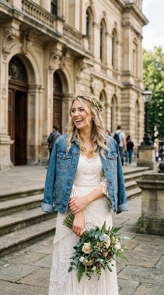 A bride in an ivory tassel-trimmed boho wedding dress with a denim jacket over her shoulders outside city hall