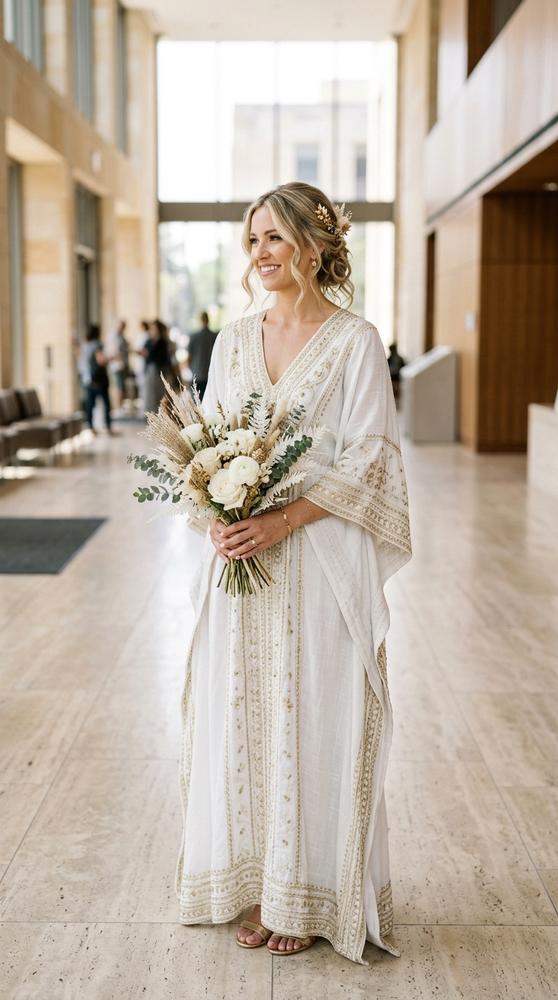 A bride in a white flowing kaftan-style boho wedding dress with gold embroidery in a bright courthouse lobby