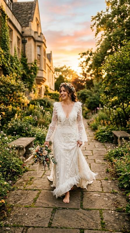 A bride in an ivory feather-trimmed boho wedding dress with bare feet in a courthouse garden at sunset