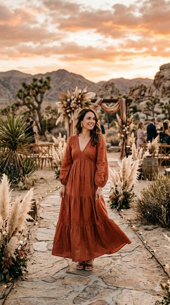 A woman in a terracotta flowing boho guest dress in a desert wedding venue at sunset.