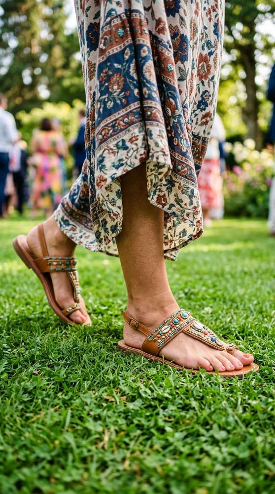 Close-up of embellished flat sandals worn with a flowing boho guest dress on grass.