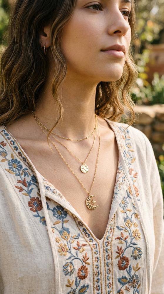 A woman's layered gold necklaces over a boho guest dress neckline, soft natural light.
