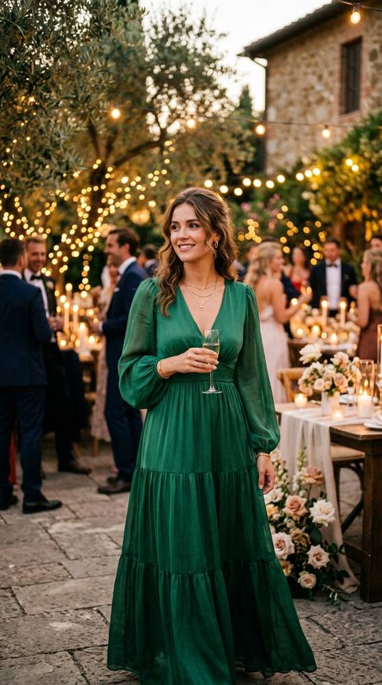 A woman in an emerald green flowing guest dress at a candlelit outdoor wedding reception.