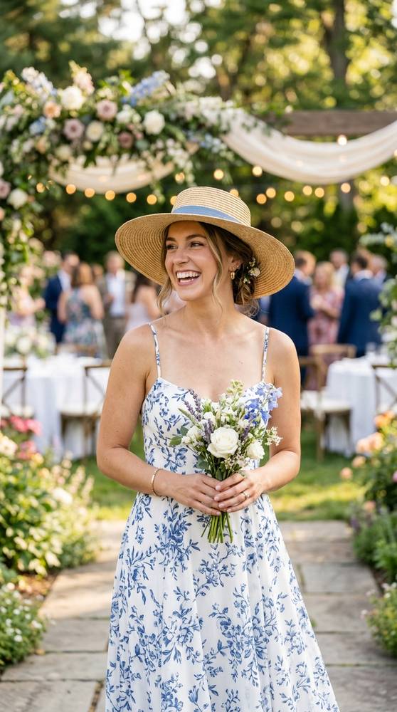 A woman in a white-and-blue printed sundress with a wide-brim hat at a garden wedding, cheerful.