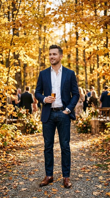 Stylish male wedding guest in dark-wash straight jeans, navy tailored blazer, white dress shirt, and brown leather loafers